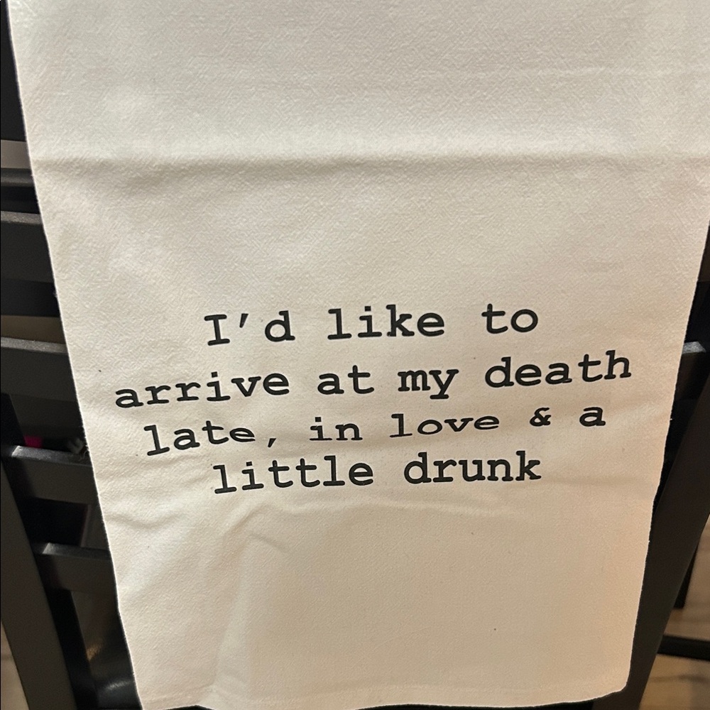 Embroidered Quote Tea Towel - White with Black Text